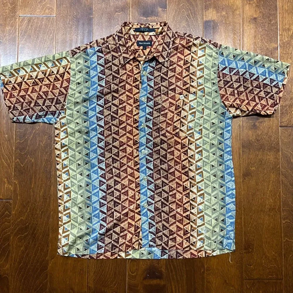 Marc Edwards Vintage Geometric Multicolored Button Front Rayon Shirt Men's Large - Picture 3 of 8